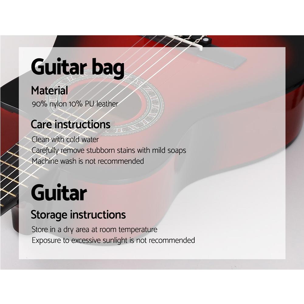 Alpha 34-inch Classical Acoustic Guitar in red with accessories including picks, tuner, capo, and carry bag.