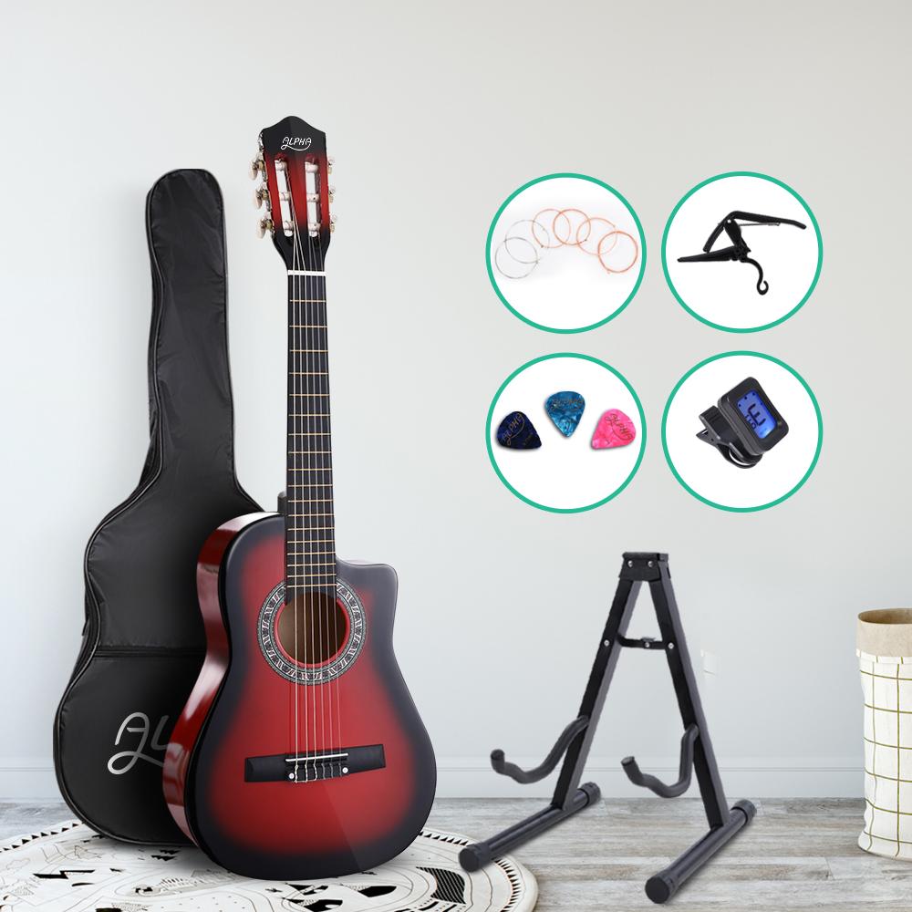 Alpha 34-inch Classical Acoustic Guitar in red with accessories including picks, tuner, capo, and carry bag.