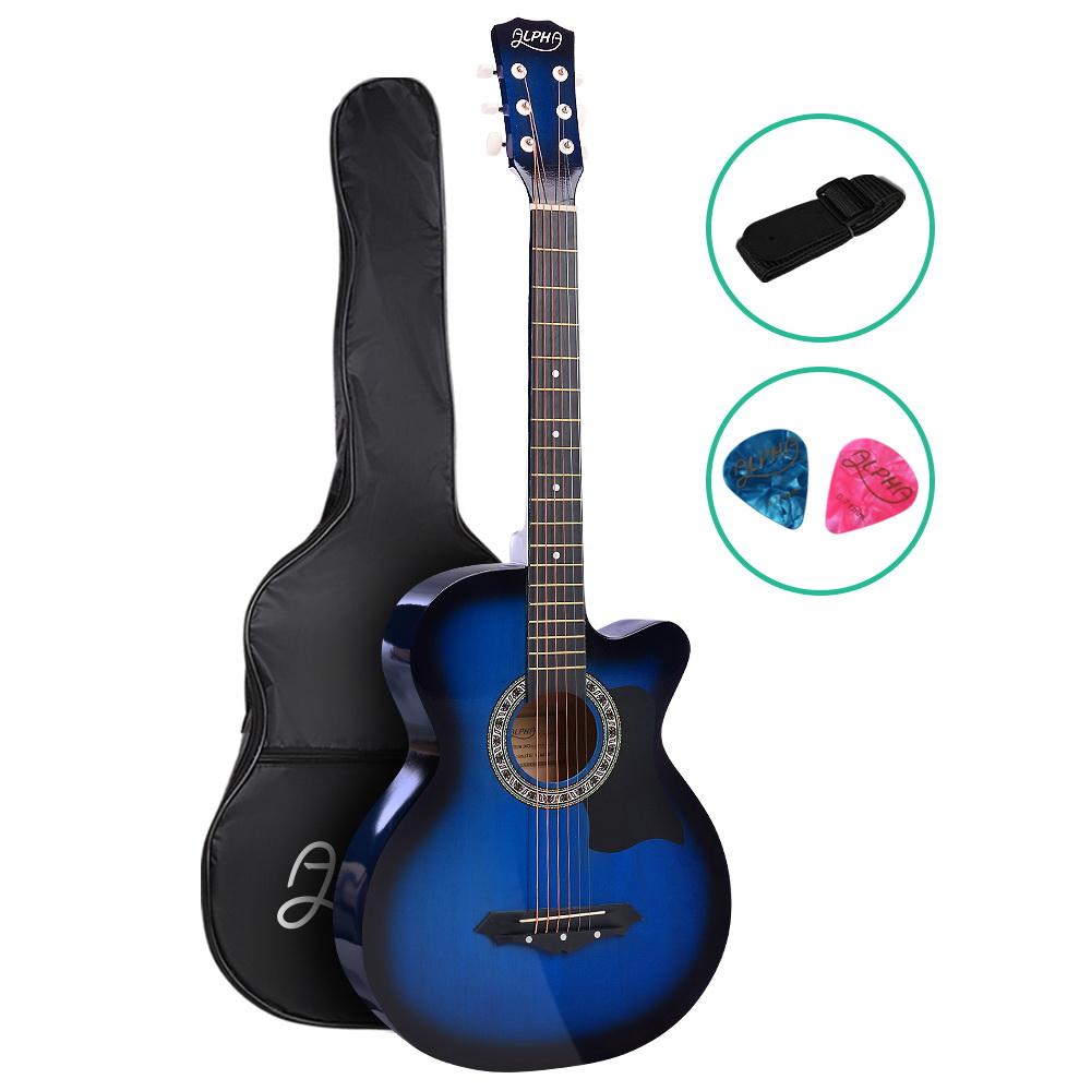 ALPHA 38 Inch Wooden Acoustic Guitar in blue with a sleek design and cutaway body, showcasing its laminated linden construction and maple fingerboard.