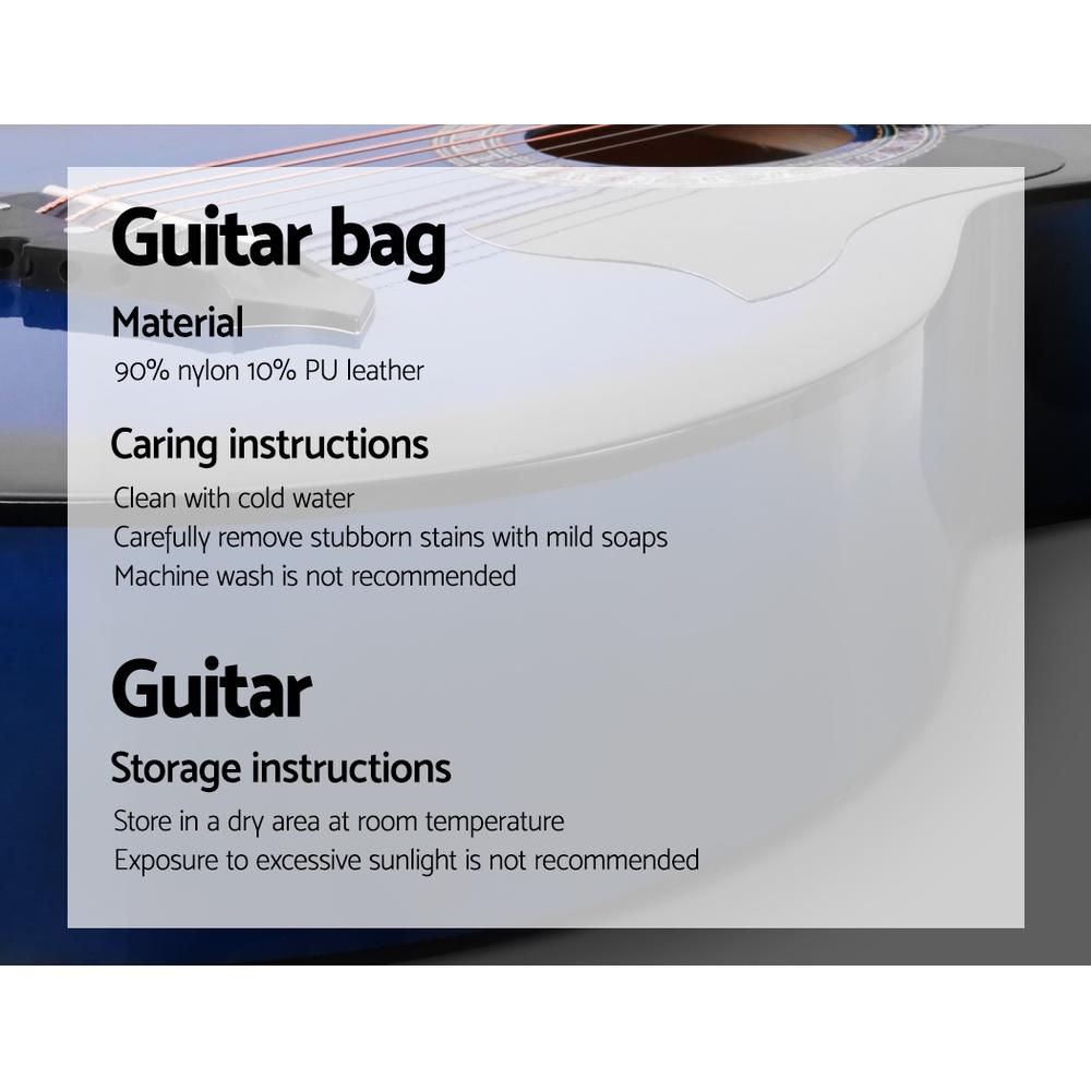 ALPHA 38 Inch Wooden Acoustic Guitar in blue with a sleek design and cutaway body, showcasing its laminated linden construction and maple fingerboard.