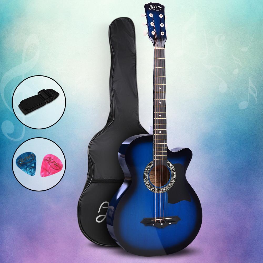 ALPHA 38 Inch Wooden Acoustic Guitar in blue with a sleek design and cutaway body, showcasing its laminated linden construction and maple fingerboard.