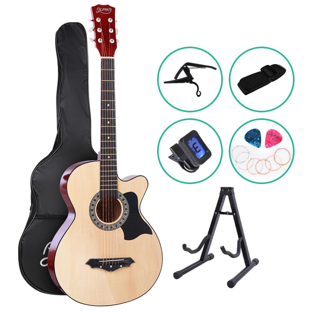 ALPHA 38 Inch Wooden Acoustic Guitar with accessories including a carry bag, tuner, capo, and picks, showcasing its natural wood finish.