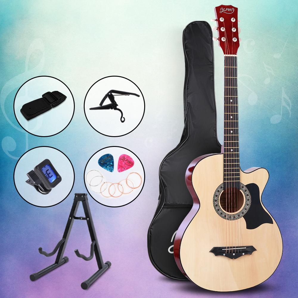 ALPHA 38 Inch Wooden Acoustic Guitar with accessories including a carry bag, tuner, capo, and picks, showcasing its natural wood finish.