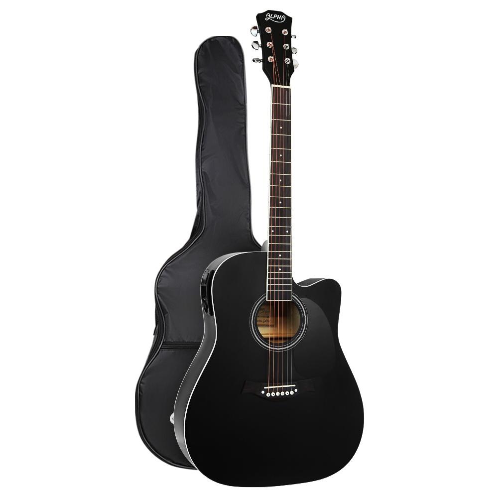 Alpha 41-inch Electric Acoustic Guitar with a sleek black finish, showcasing its laminated linden body and maple wood fingerboard.