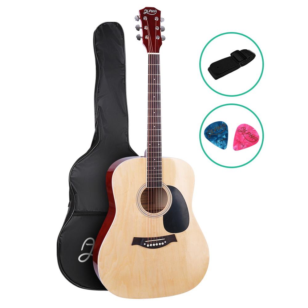 ALPHA 41 Inch Wooden Acoustic Guitar in natural wood finish, showcasing its elegant design and craftsmanship.