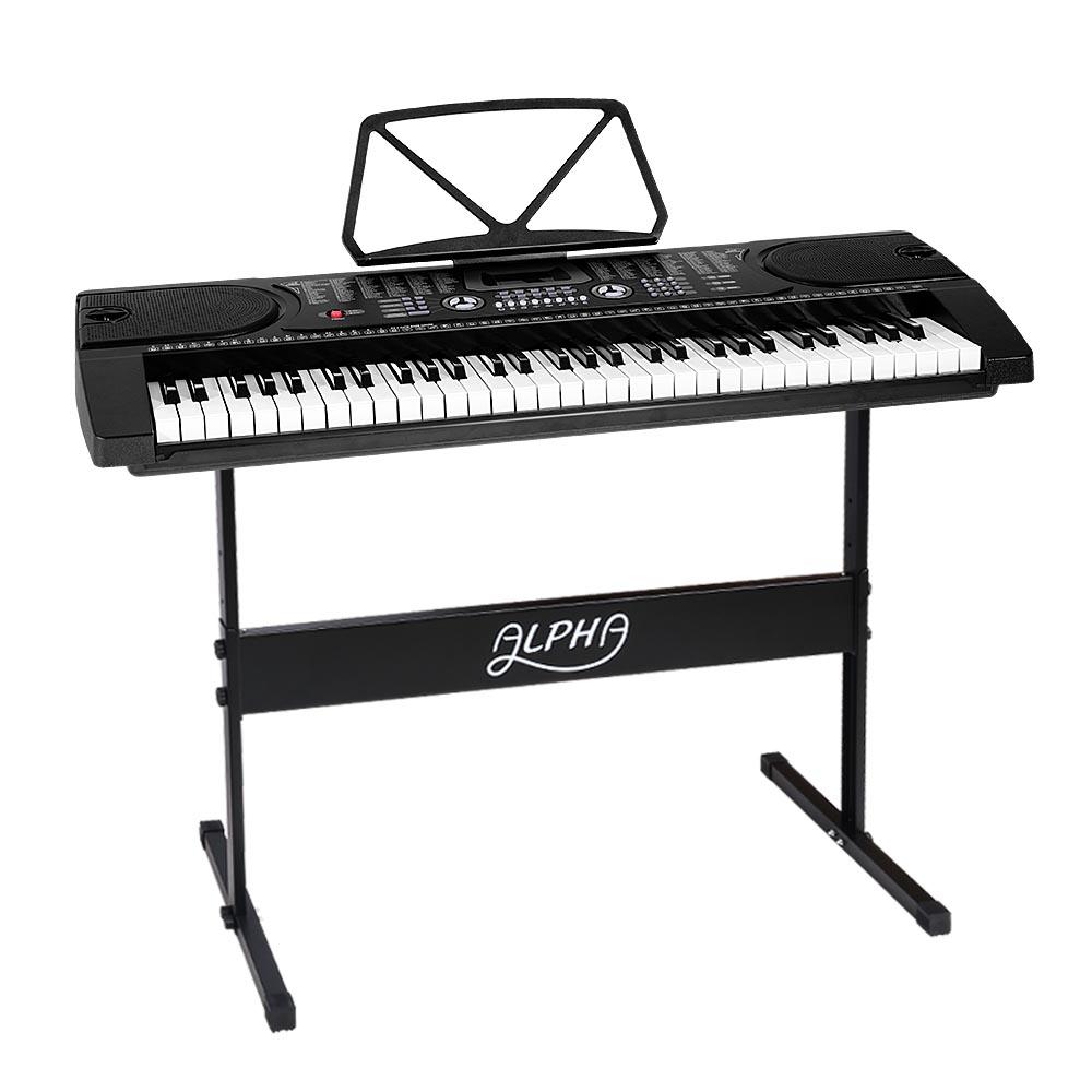 ALPHA 61 Keys LED Electronic Piano Keyboard with adjustable stand and music sheet holder, showcasing its sleek black design and LED display.