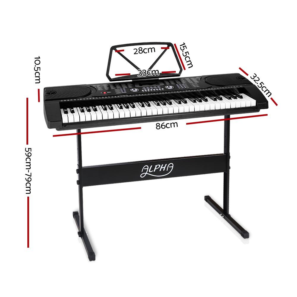 ALPHA 61 Keys LED Electronic Piano Keyboard with adjustable stand and music sheet holder, showcasing its sleek black design and LED display.