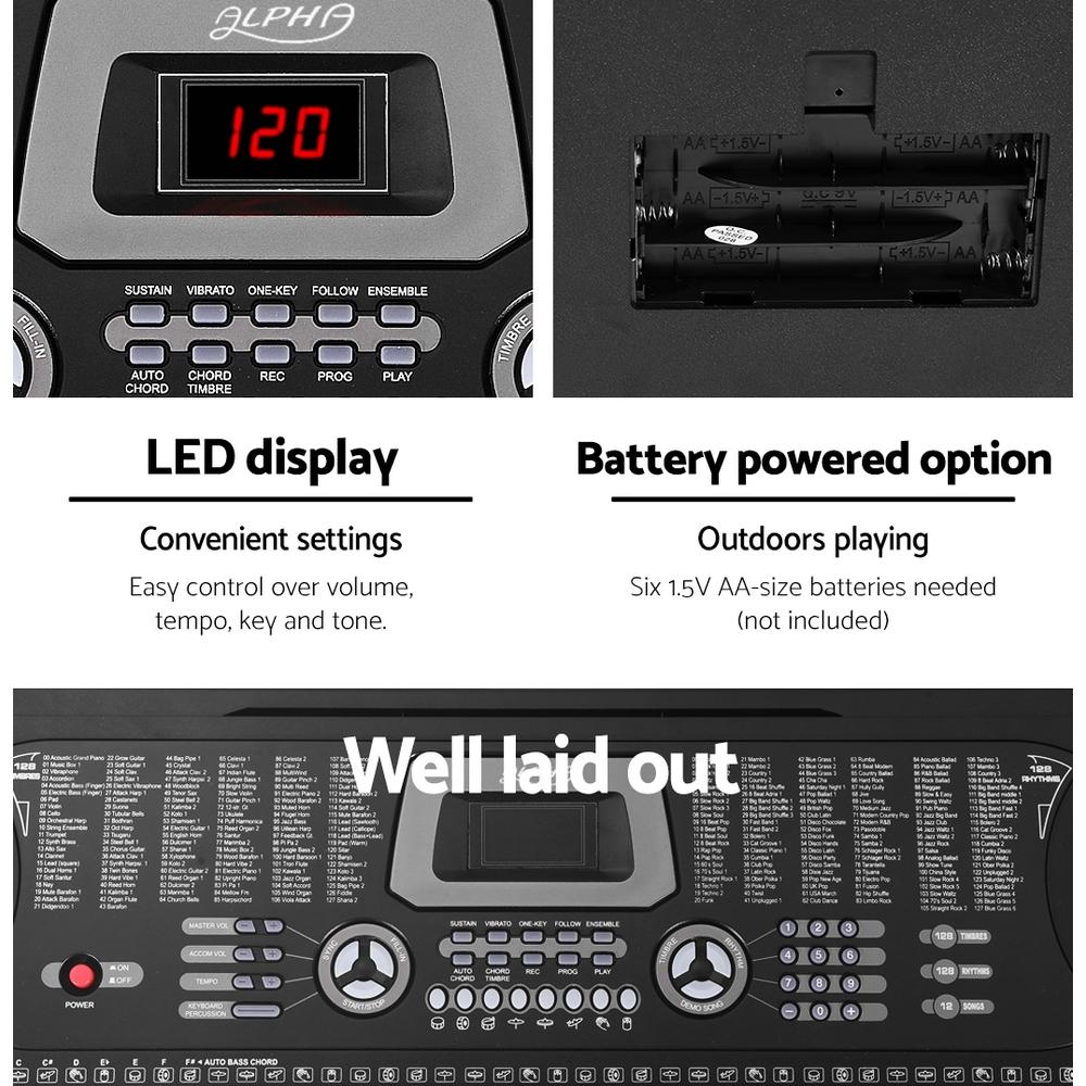 ALPHA 61 Keys LED Electronic Piano Keyboard with adjustable stand and music sheet holder, showcasing its sleek black design and LED display.