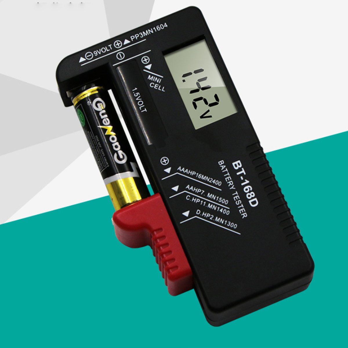 All-Rounder No Battery Needed Battery Tester with analog display and soft carrying case, designed for testing various battery types.