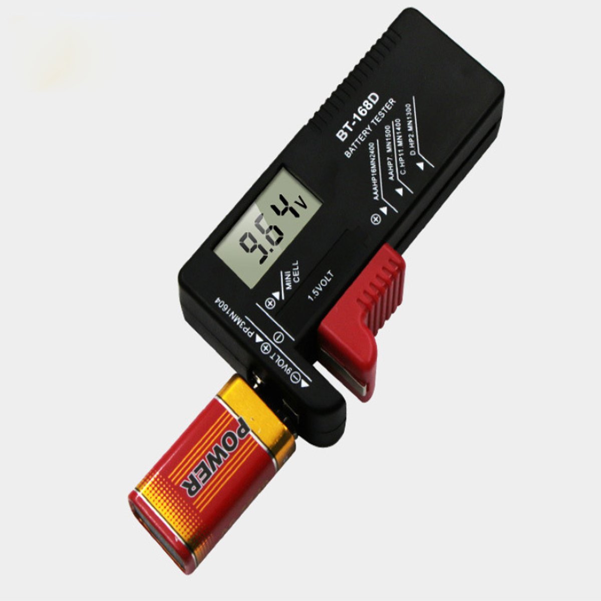 All-Rounder No Battery Needed Battery Tester with analog display and soft carrying case, designed for testing various battery types.