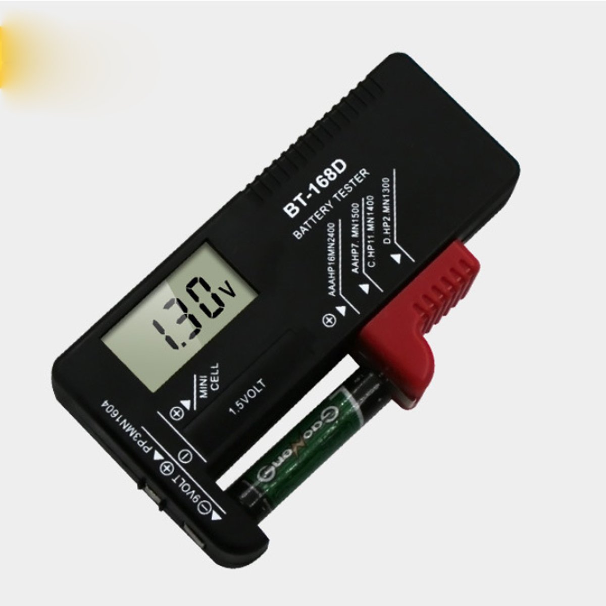 All-Rounder No Battery Needed Battery Tester with analog display and soft carrying case, designed for testing various battery types.