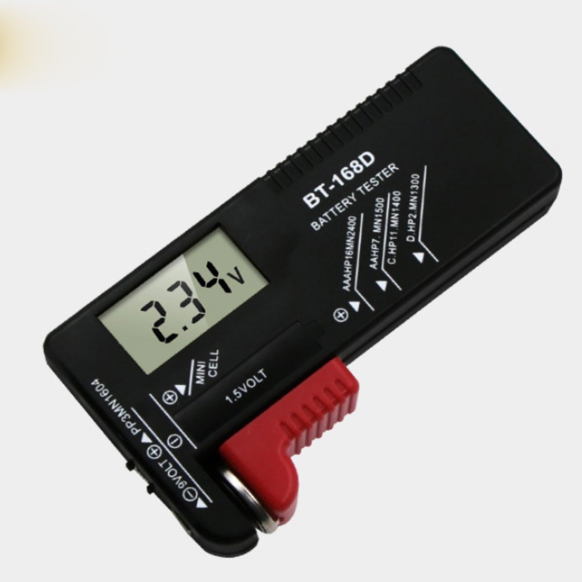 All-Rounder No Battery Needed Battery Tester with analog display and soft carrying case, designed for testing various battery types.