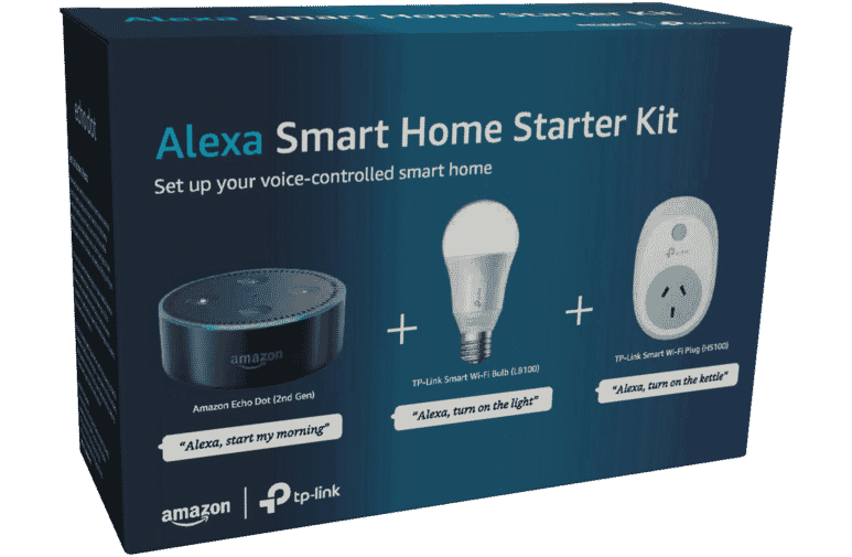 Amazon Alexa Smart Home Starter Kit featuring a smart light bulb and smart power plug, designed for home automation.