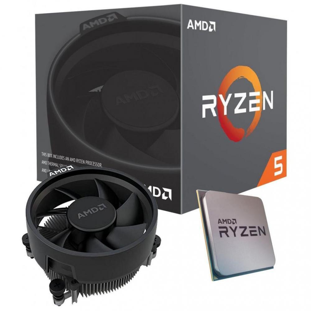 AMD-P Ryzen 5 3400G CPU with Wraith Stealth cooler, showcasing its 4 core design and sleek packaging.