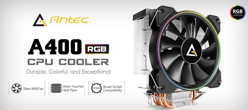 ANTEC A400 RGB Air CPU Cooler with direct heat pipes and silent RGB PWM fan, showcasing its sleek design and vibrant lighting.