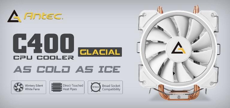 ANTEC C400 GLACIAL White Air CPU Cooler with 12CM PWM fan, showcasing its sleek design and copper coldplate.