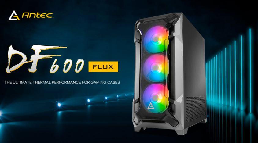 ANTEC DF600 FLUX mid-tower gaming case with tempered glass side panel and three ARGB fans, showcasing advanced airflow design.