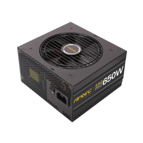 ANTEC EA650G PRO 650W PSU with semi-modular cables and 120mm fan, showcasing its sleek design and high-quality components.