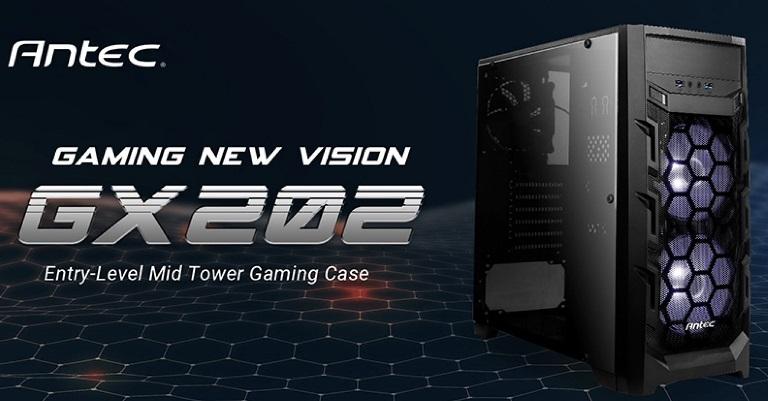 Antec GX202 ATX case showcasing a transparent side window and dual white LED fans for enhanced cooling and aesthetics.