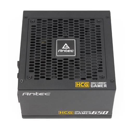 ANTEC HCG-650G 650W 80+ Gold Fully Modular PSU with a 120mm FDB fan, showcasing its sleek design and modular cable management features.