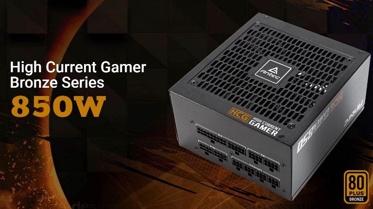 ANTEC HCG-850M 850W power supply with fully modular design and 135mm DBB fan, showcasing its sleek and efficient build.