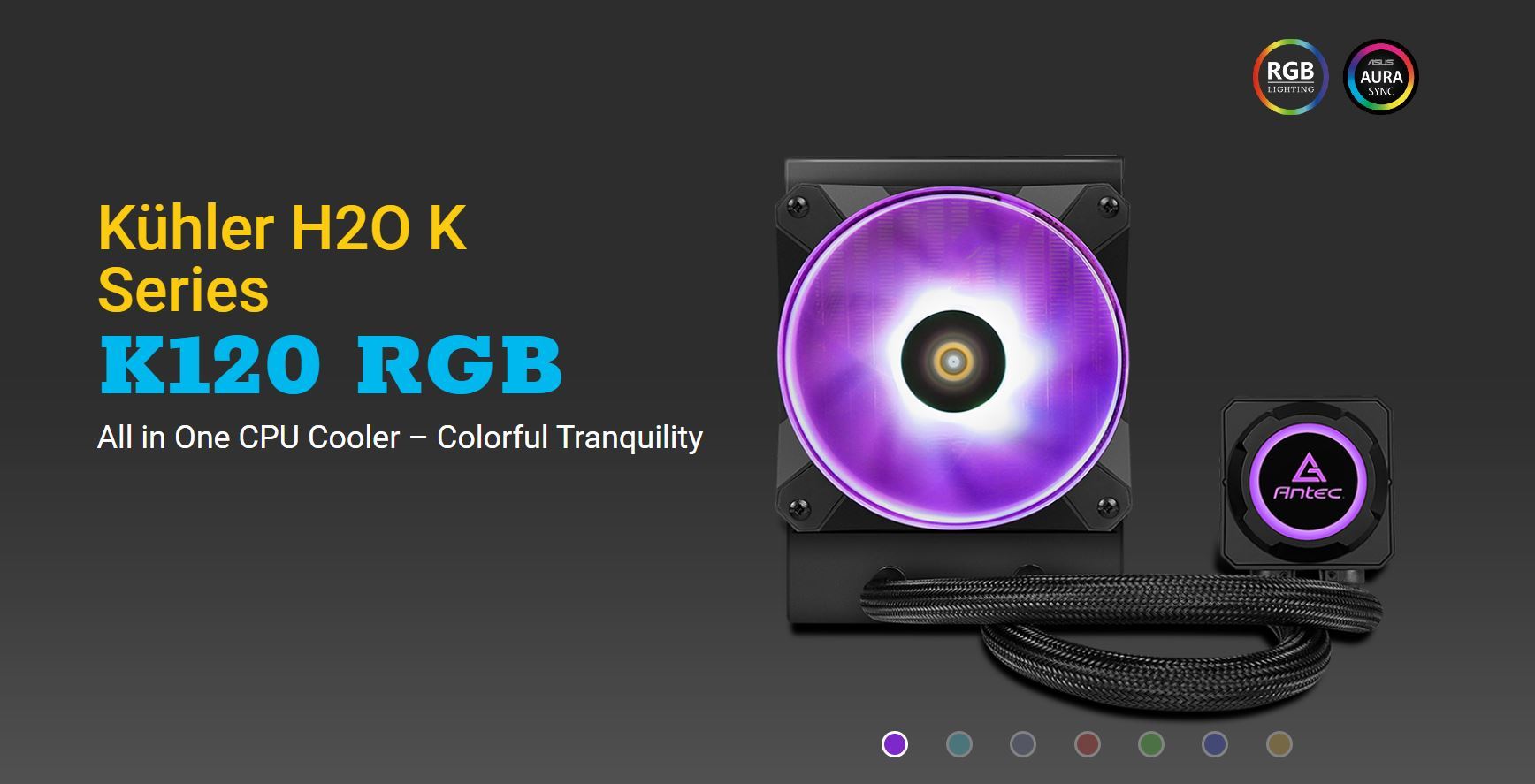 ANTEC Kuhler K120 RGB All in One CPU Liquid Cooler with RGB lighting and low-profile design, suitable for various CPU sockets.