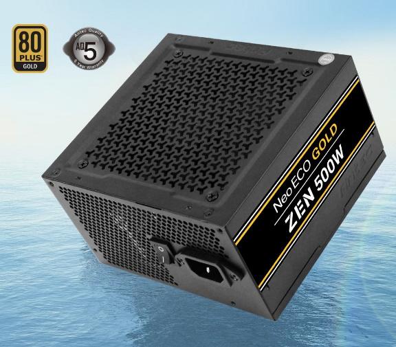 ANTEC Neo Eco ZEN 500w PSU with 120mm silent fan and 80+ Gold certification, showcasing its sleek design and quality components.