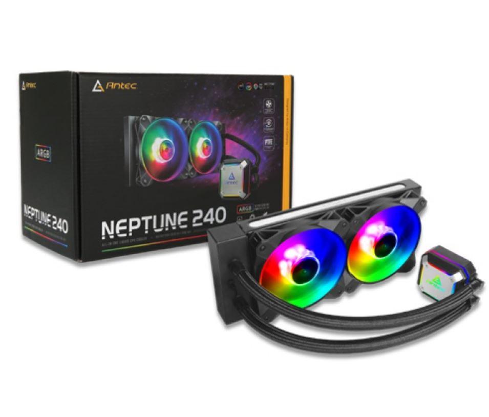 ANTEC Neptune 240 ARGB Advanced Liquid CPU Cooler with PWM LED Fan and PTFE tubing, showcasing its sleek design and vibrant ARGB lighting.