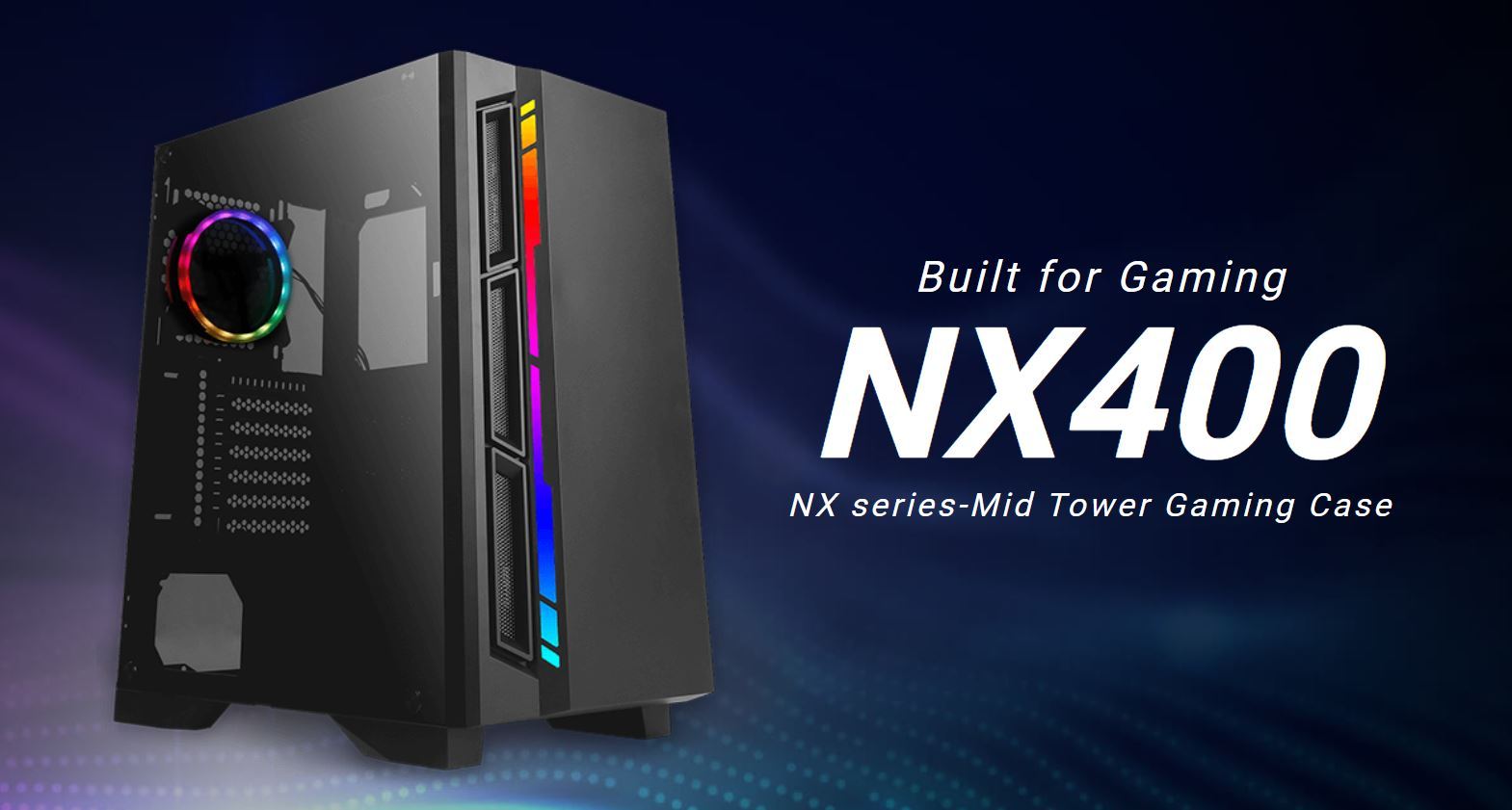 ANTEC NX400 ATX mid-tower gaming case with tempered glass and ARGB lighting, showcasing its sleek design and cooling options.