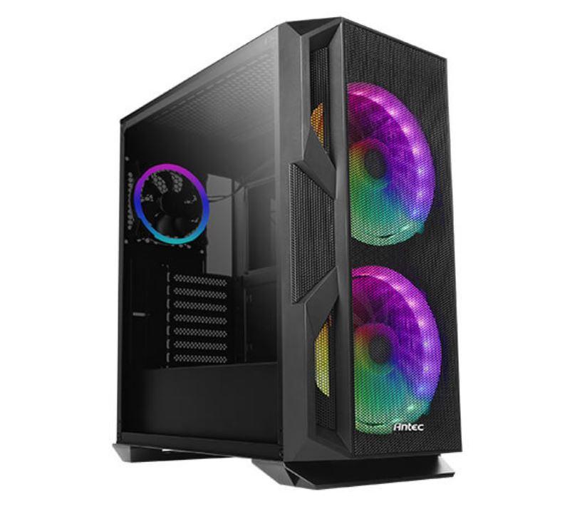 ANTEC NX800 mid-tower gaming case with tempered glass side panel and ARGB fans, showcasing a sleek design and ample cooling options.