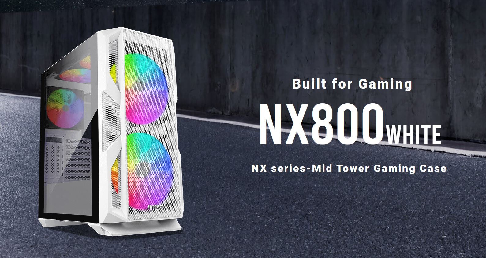 ANTEC NX800 White E-ATX mid-tower gaming case with ARGB fans and tempered glass side panel.