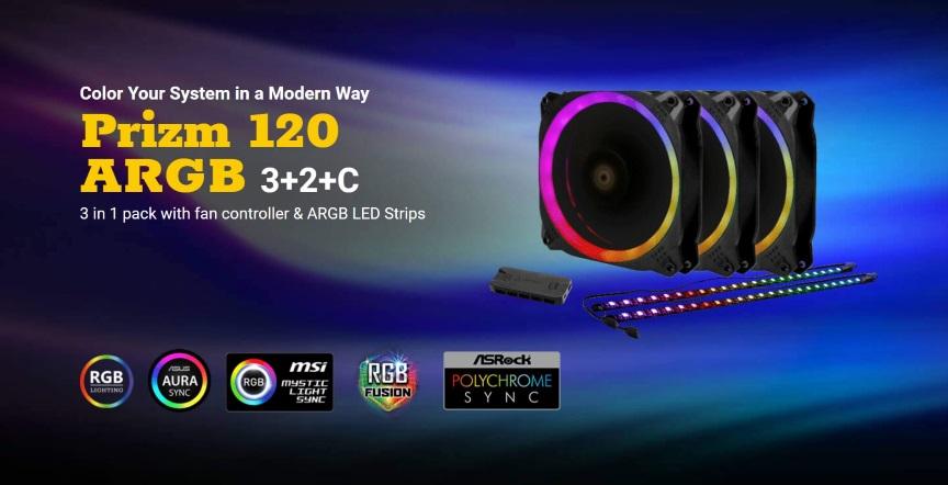 ANTEC Prizm 120mm ARGB Fan showcasing dual-ring RGB lighting and PWM control features.