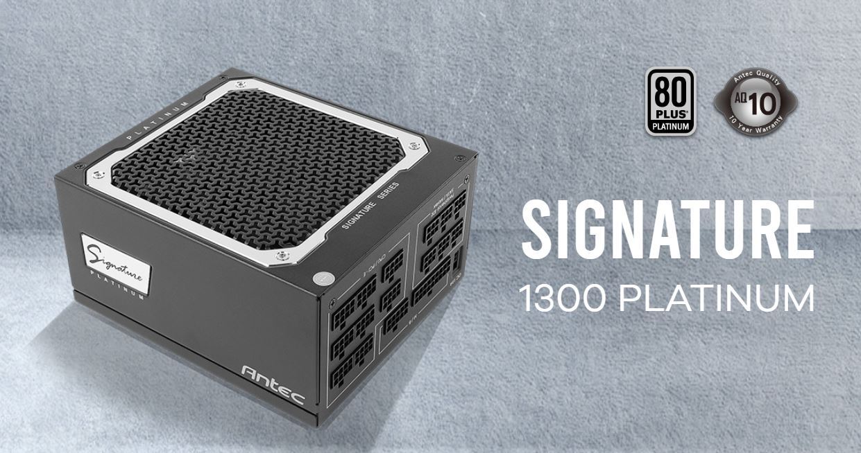 ANTEC Signature 1300W 80+ Platinum Fully Modular Power Supply with FDB 135mm fan, showcasing its sleek design and multiple connectors.