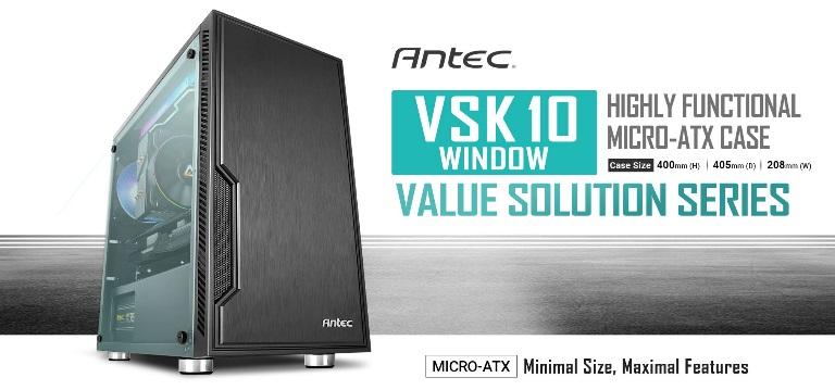 ANTEC VSK10 Window mATX Case showcasing its transparent side panel and front USB ports.