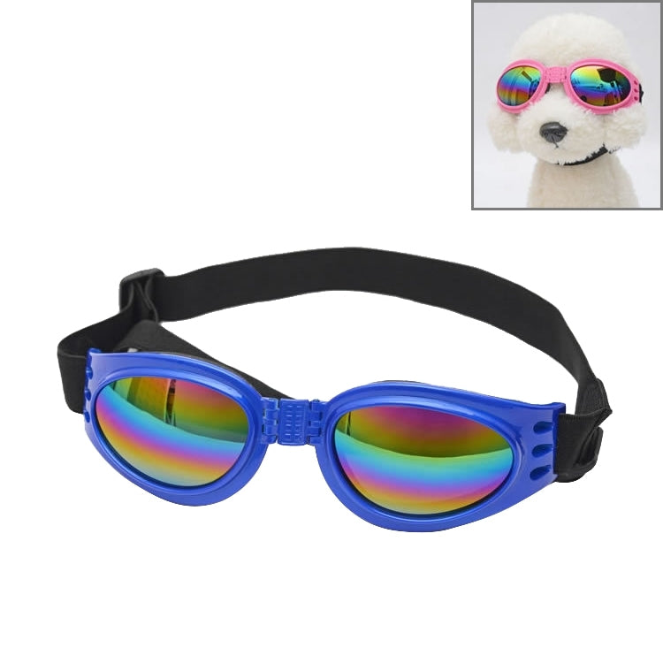 A pair of foldable polarized sunglasses designed for small dogs, featuring UV400 protection and a comfortable foam padding inside.