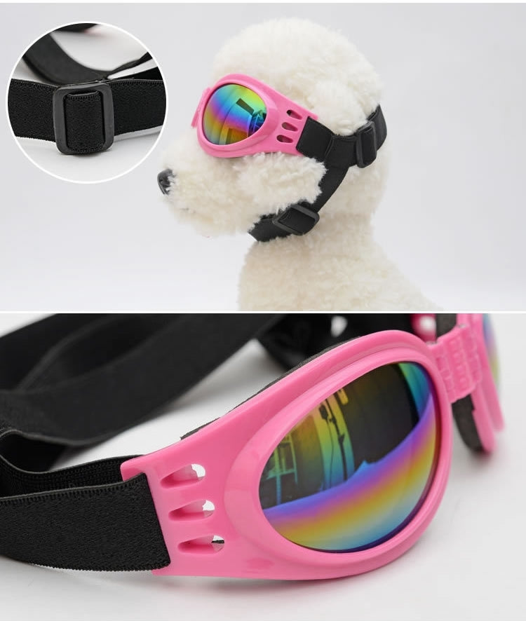 A pair of foldable polarized sunglasses designed for small dogs, featuring UV400 protection and a comfortable foam padding inside.