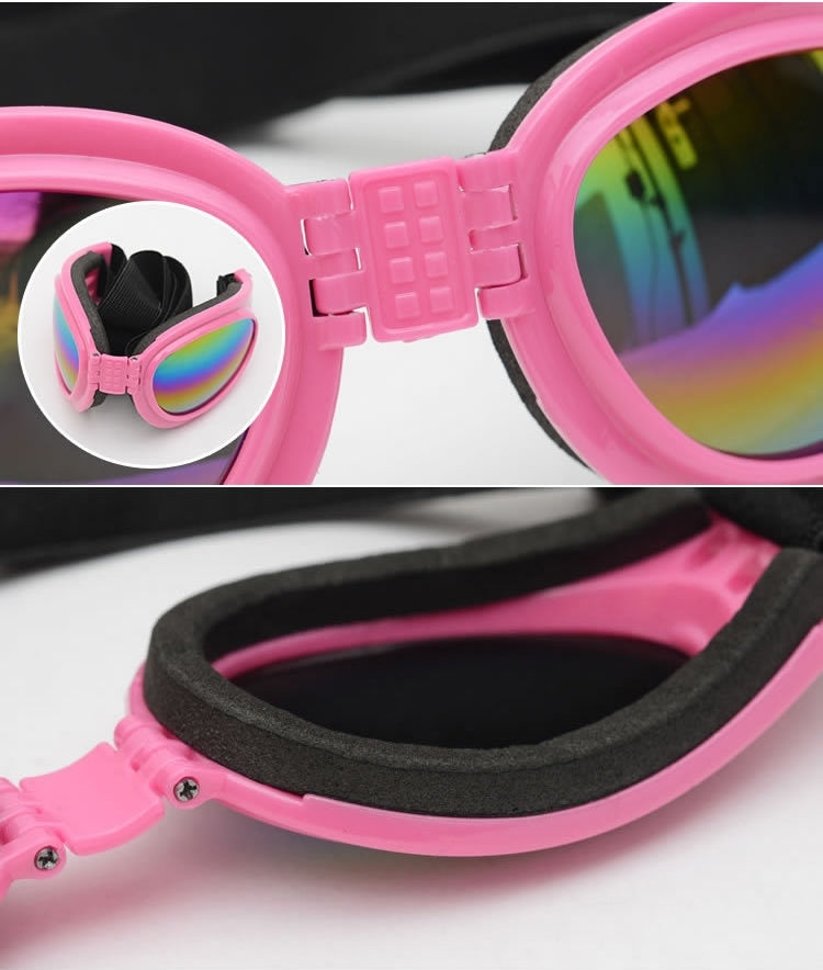 A pair of foldable polarized sunglasses designed for small dogs, featuring UV400 protection and a comfortable foam padding inside.