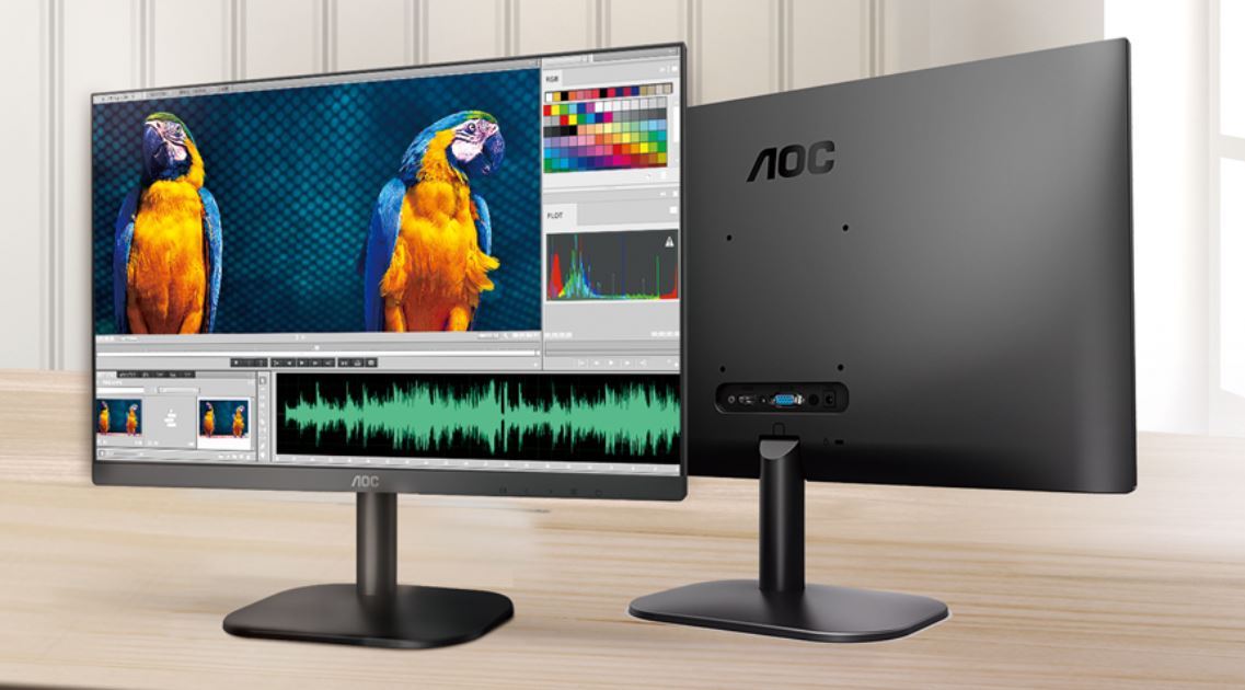 AOC 23.8 inch IPS monitor with ultra slim design, showcasing its frameless screen and connectivity ports.