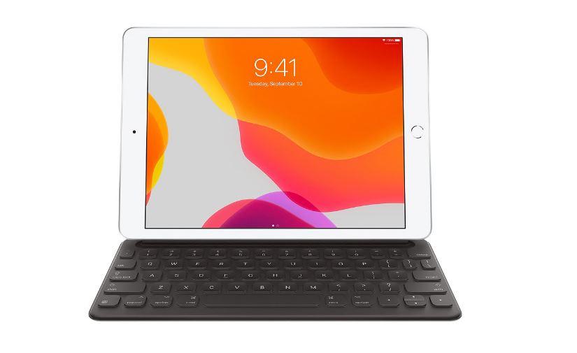 Apple Smart Keyboard for iPad 10.2, featuring a sleek black design, full-sized keys, and a lightweight foldable cover.