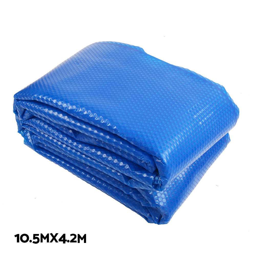 Aquabuddy 10.5x4.2m Solar Swimming Pool Cover Roller with blue bubble blanket, showcasing its sturdy aluminium construction and adjustable features.