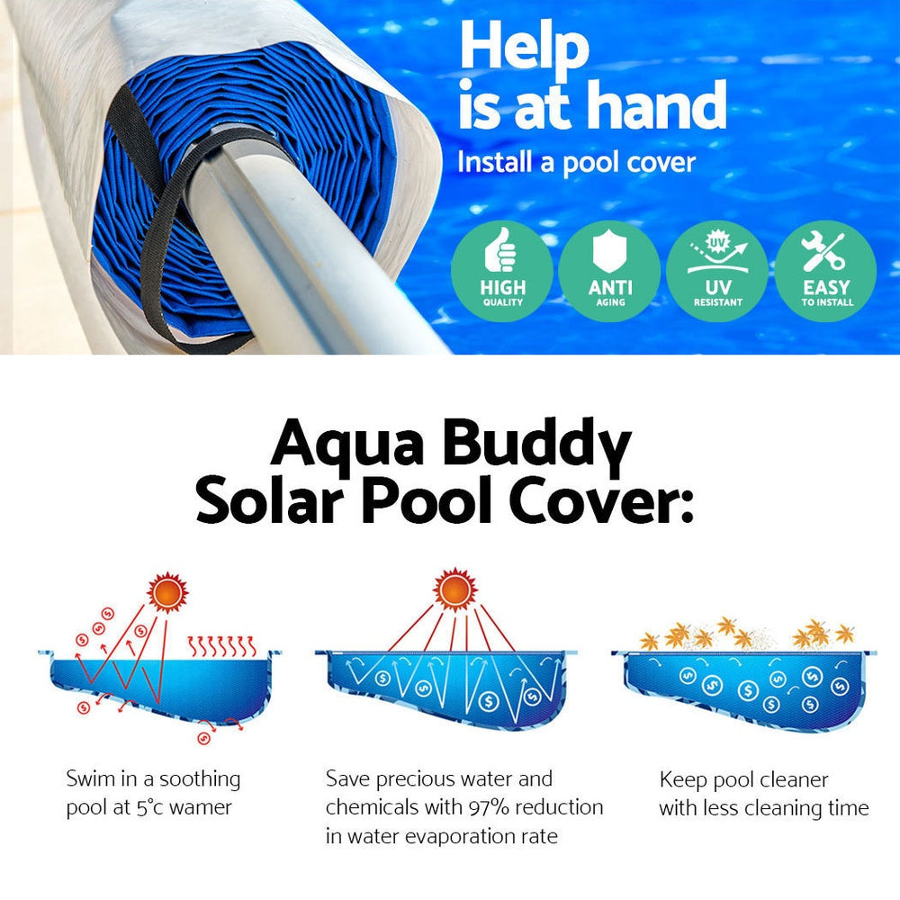 Aquabuddy 10.5x4.2m Solar Swimming Pool Cover Roller with blue bubble blanket, showcasing its sturdy aluminium construction and adjustable features.