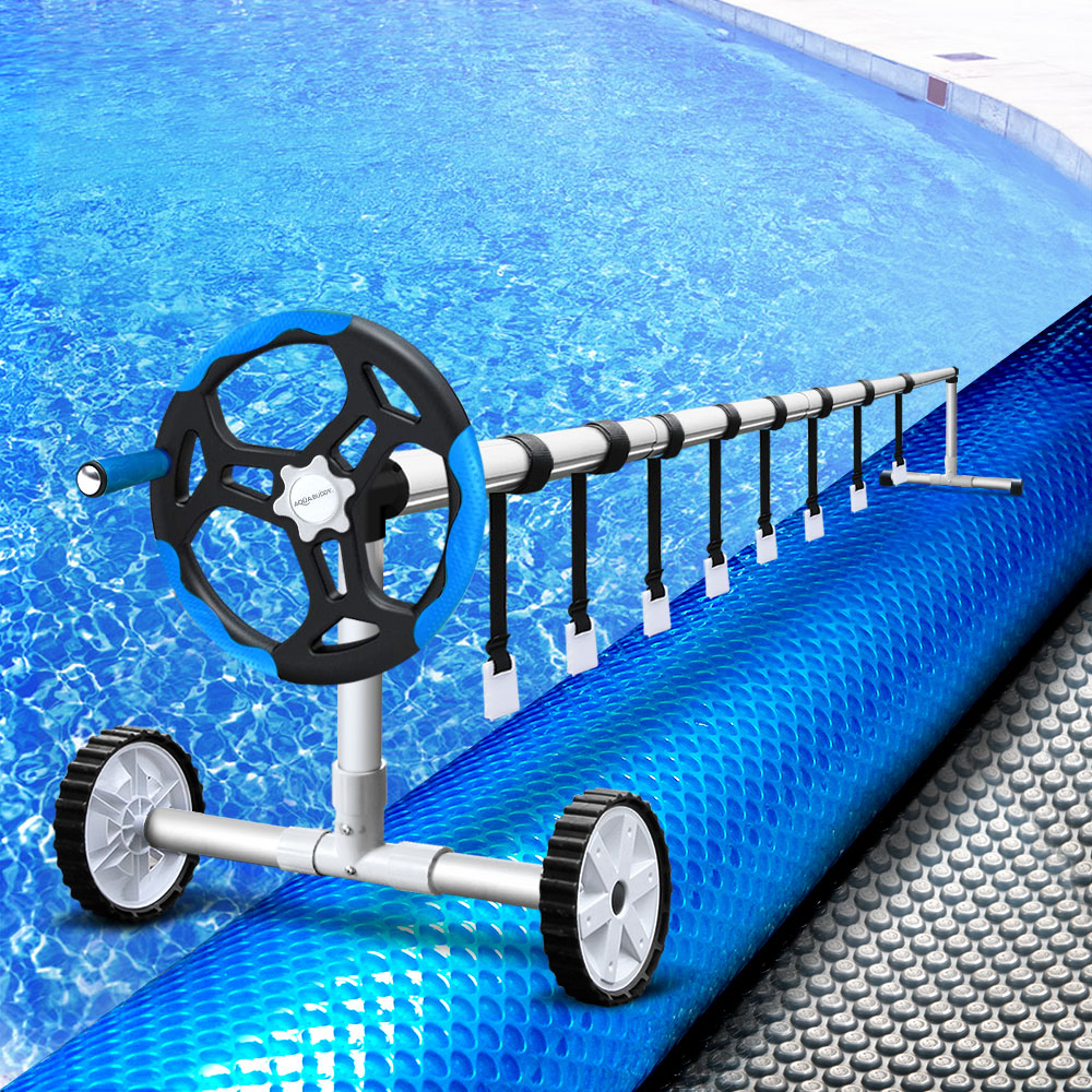 Aquabuddy 10.5x4.2m Solar Swimming Pool Cover Roller with blue bubble blanket, showcasing its sturdy aluminium construction and adjustable features.