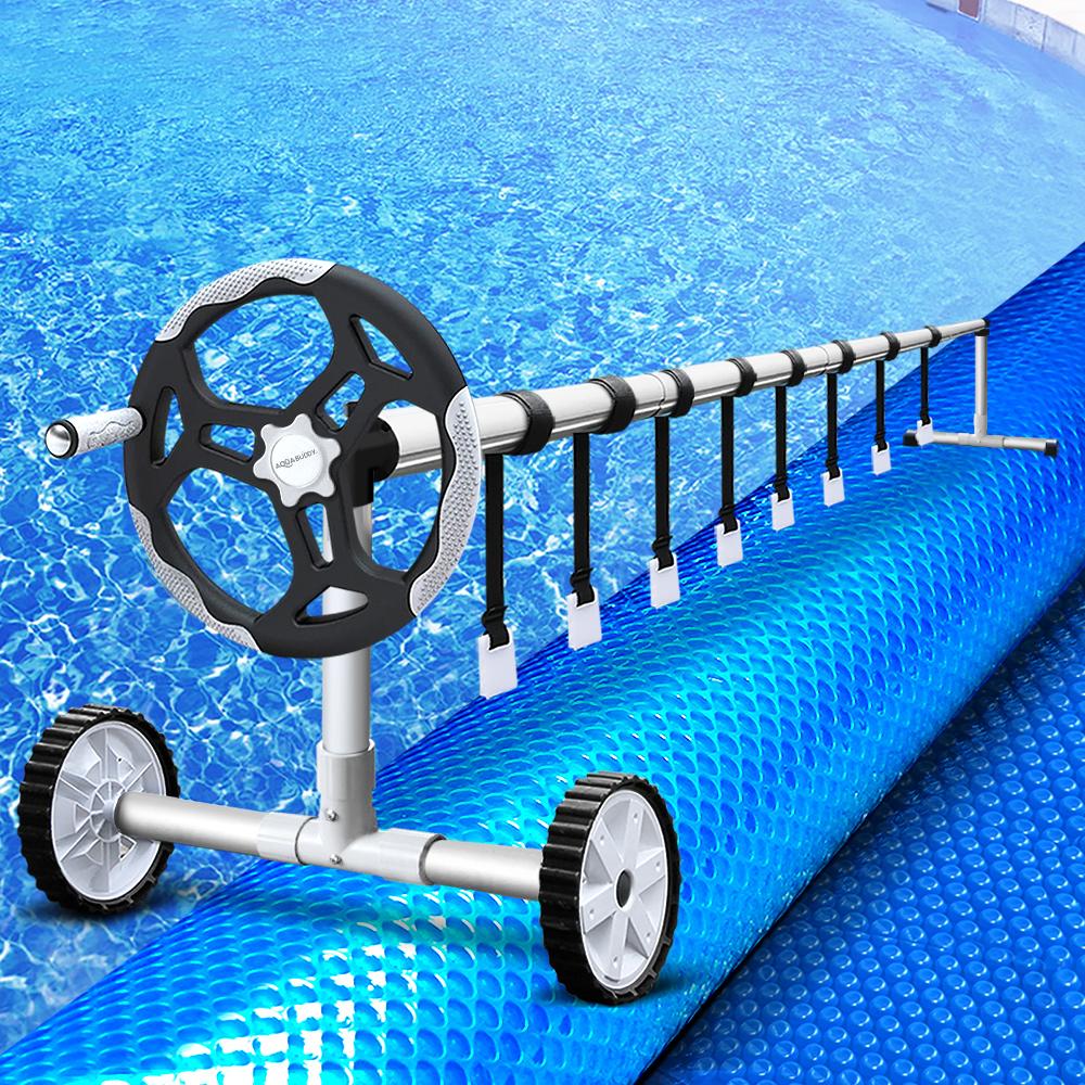 Aquabuddy Solar Swimming Pool Cover Roller with 400 Micron adjustable cover, showcasing its sturdy aluminium construction and non-slip wheels.