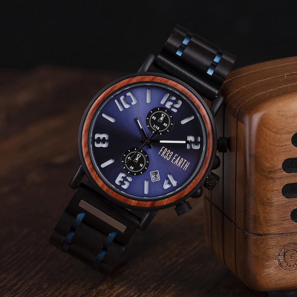 Arctic wood watch featuring a dark ocean color, wooden wristband, and stainless steel accents, elegantly displayed in a wooden gift box.