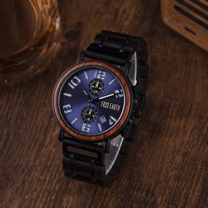 Arctic wood watch featuring a dark ocean color, wooden wristband, and stainless steel accents, elegantly displayed in a wooden gift box.