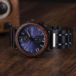 Arctic wood watch featuring a dark ocean color, wooden wristband, and stainless steel accents, elegantly displayed in a wooden gift box.