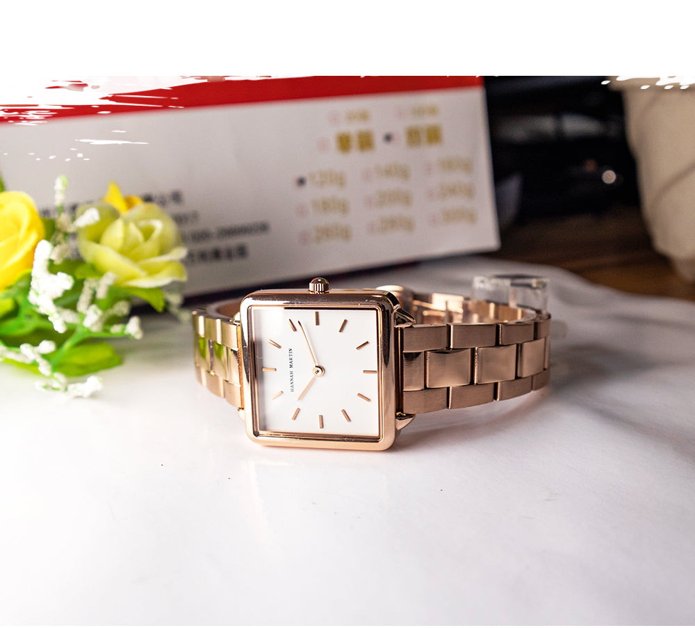 Arrival Full Solid Stainless Steel Square Dial Japan Movement Quartz watch in rose gold, featuring a square dial and stainless steel band.