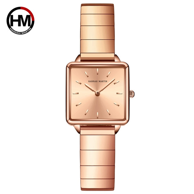 Arrival Full Solid Stainless Steel Square Dial Japan Movement Quartz watch in rose gold, featuring a square dial and stainless steel band.