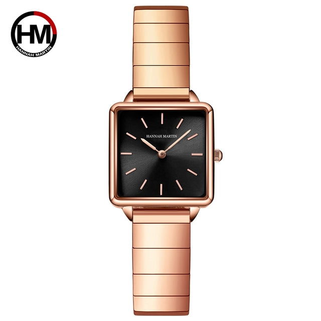 Arrival Full Solid Stainless Steel Square Dial Japan Movement Quartz watch in rose gold, featuring a square dial and stainless steel band.