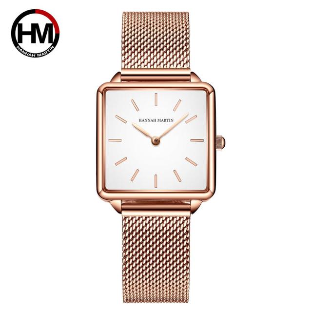 Arrival Full Solid Stainless Steel Square Dial Japan Movement Quartz watch in rose gold, featuring a square dial and stainless steel band.